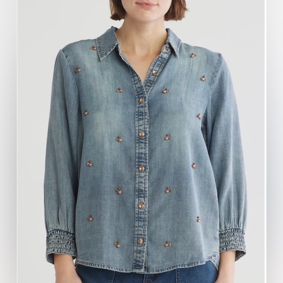 Democracy Beaded Front Chambray Button Up Shirt Sz XL - Picture 3 of 4